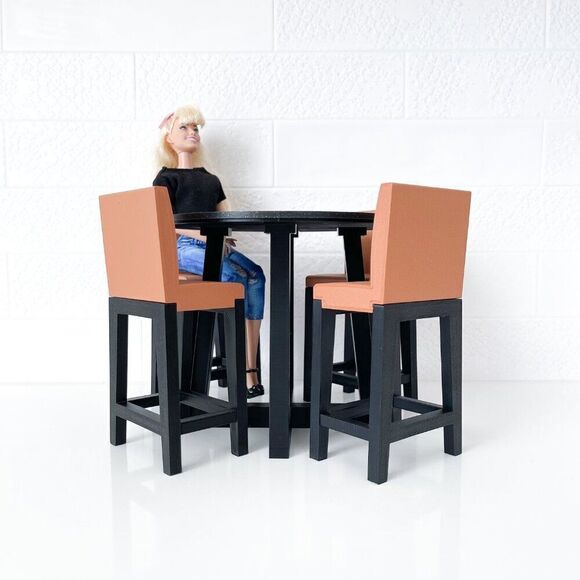 Miniature Barbie Bistro Black Table 4  Chairs 3D Printed Dollhouse Furniture - Picture 6 of 6
